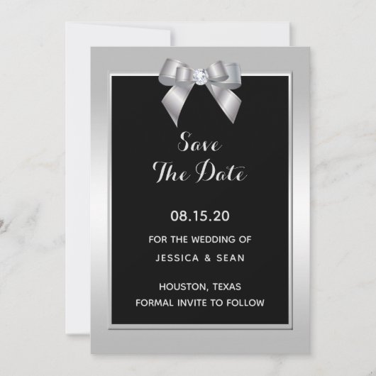 Stylish Silver Gem Bow & Black Wedding Save The Date (Voorkant)