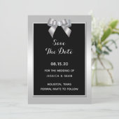 Stylish Silver Gem Bow & Black Wedding Save The Date (Staand voorkant)