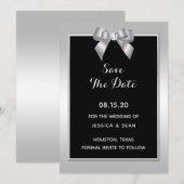 Stylish Silver Gem Bow & Black Wedding Save The Date (Voorkant / Achterkant)