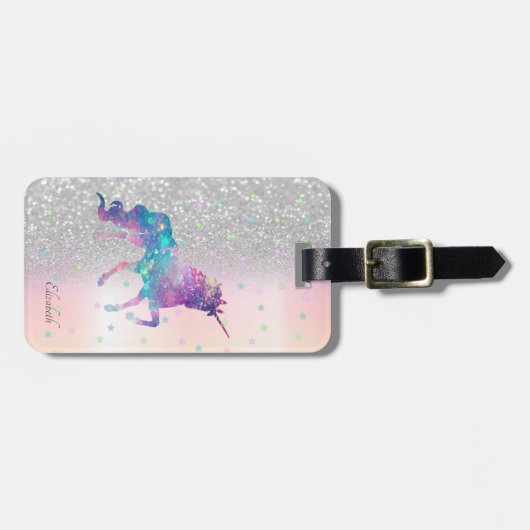 Stylish Silver Glitter Bokeh, Unicorn, Stars Bagagelabel (Voorkant horizontaal)