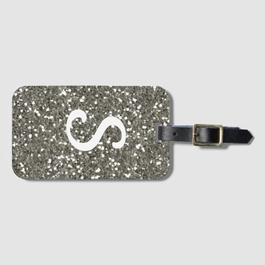 Stylish Silver Glitter Monogram Initiaal Bagagelabel (Voorkant (horizontaal))