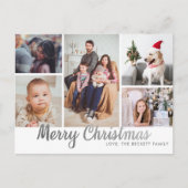 Stylish Silver Merry Kerstmis 5 Foto Collage Feestdagenkaart (Voorkant)