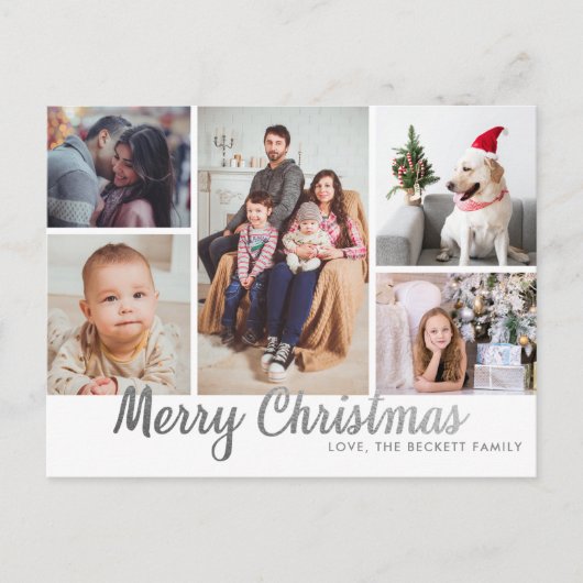 Stylish Silver Merry Kerstmis 5 Foto Collage Feestdagenkaart (Voorkant)