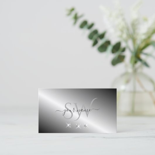 Stylish Silver Metal Sparging Diamonds Monogram Visitekaartje (Staand voorkant)