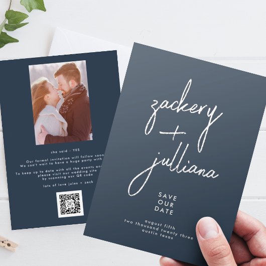 Stylish Silver Navy Blue Photo Save the Date Folie Uitnodiging