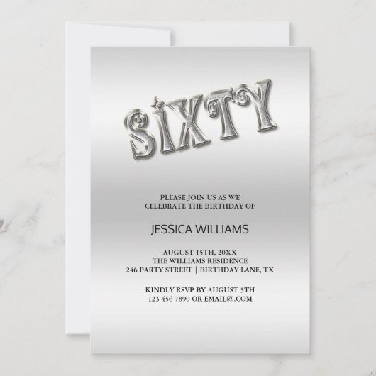 Stylish Silver "Sixty" Birthday Uitnodiging (Voorkant)