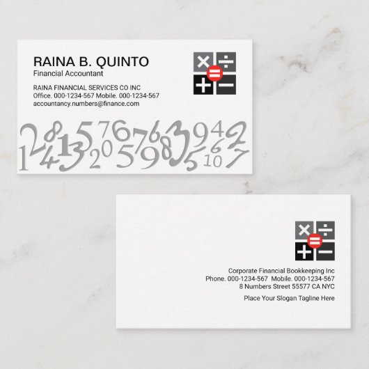 Stylish Simple Numbers Accountant Visitekaartje (Voorkant / Achterkant)