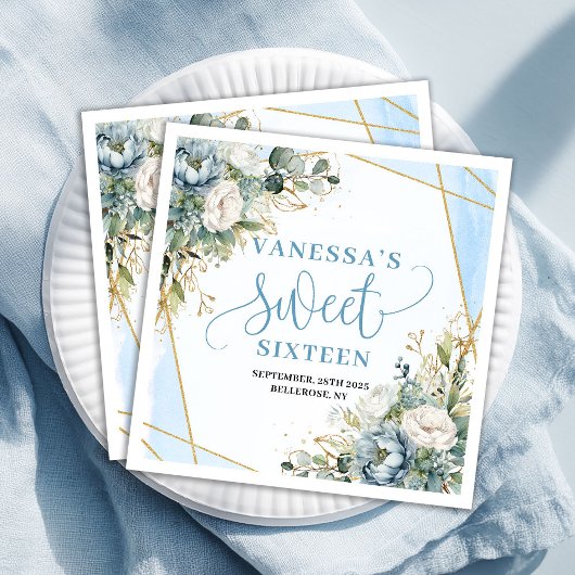 Stylish Sweet 16th Blue Floral Greenery Napkins Servet
