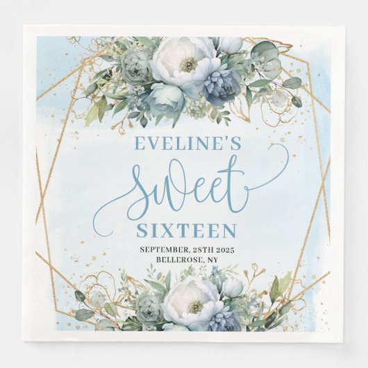 Stylish Sweet Sixteen Blue and Gold Floral Napkins Servet (Voorkant)