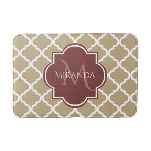 Stylish Tan Quatrefoil Burgundy Monogram en naam Badmat (Voorkant)