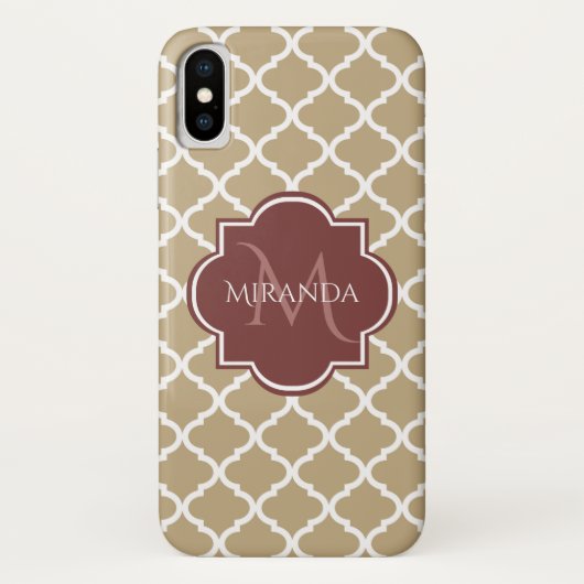 Stylish Tan Quatrefoil Burgundy Monogram en naam Case-Mate iPhone Case (Achterkant)