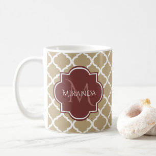 Stylish Tan Quatrefoil Burgundy Monogram en naam Koffiemok
