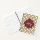 Stylish Tan Quatrefoil Burgundy Monogram en naam Notitieboek (Binnen)