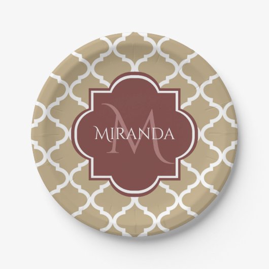 Stylish Tan Quatrefoil Burgundy Monogram en naam Papieren Bordje (Voorkant)
