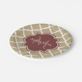 Stylish Tan Quatrefoil Burgundy Monogram en naam Papieren Bordje (Gekanteld)