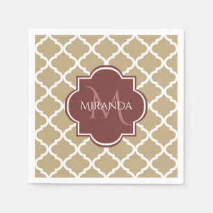 Stylish Tan Quatrefoil Burgundy Monogram en naam Servetten