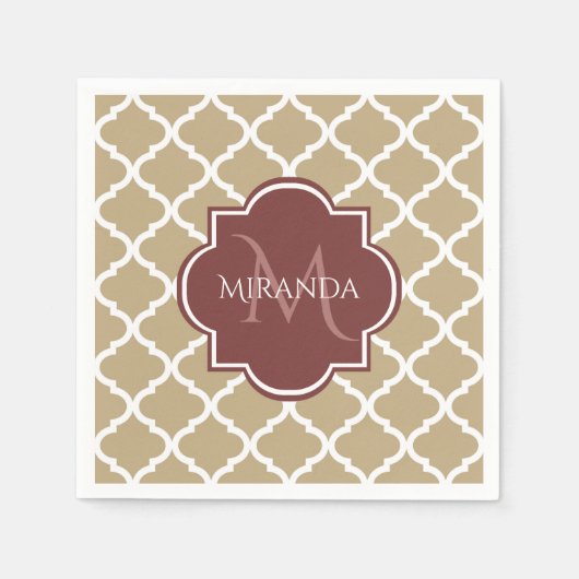Stylish Tan Quatrefoil Burgundy Monogram en naam Servetten (Voorkant)