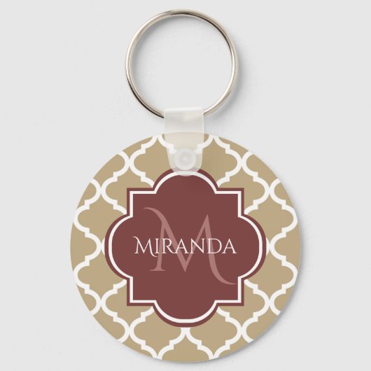 Stylish Tan Quatrefoil Burgundy Monogram en naam Sleutelhanger (Voorkant)