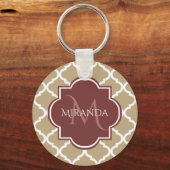 Stylish Tan Quatrefoil Burgundy Monogram en naam Sleutelhanger (Voorkant)