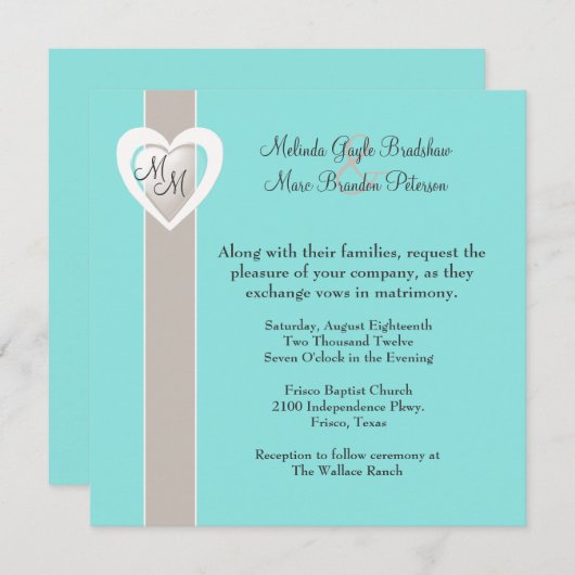 Stylish Taupe en Aqua Blue Wedding Invitation Kaart (Voorkant / Achterkant)