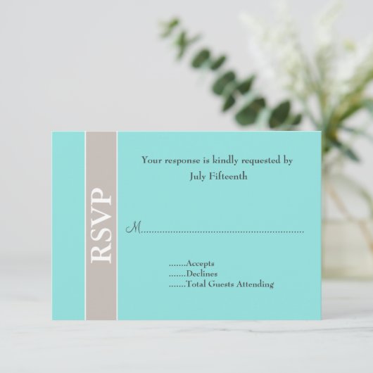 Stylish Taupe en Aqua Blue Wedding RSVP Kaart (Staand voorkant)