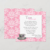 Stylish Tea Party roze Damask Invitation Kaart (Voorkant / Achterkant)