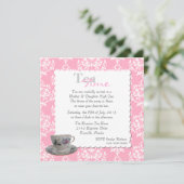 Stylish Tea Party roze Damask Invitation Kaart (Staand voorkant)