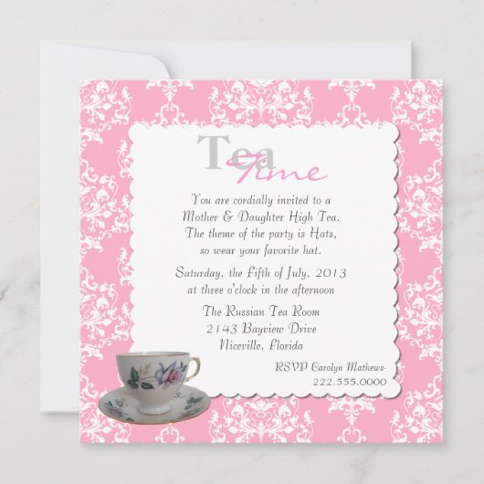 Stylish Tea Party roze Damask Invitation Kaart (Voorkant)