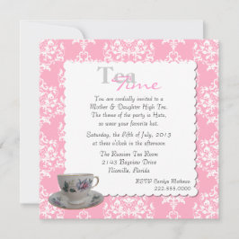 Stylish Tea Party roze Damask Invitation Kaart