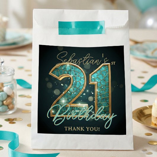 Stylish Teal Gold Mosaic Geometric 21st Birthday Bedankzakje
