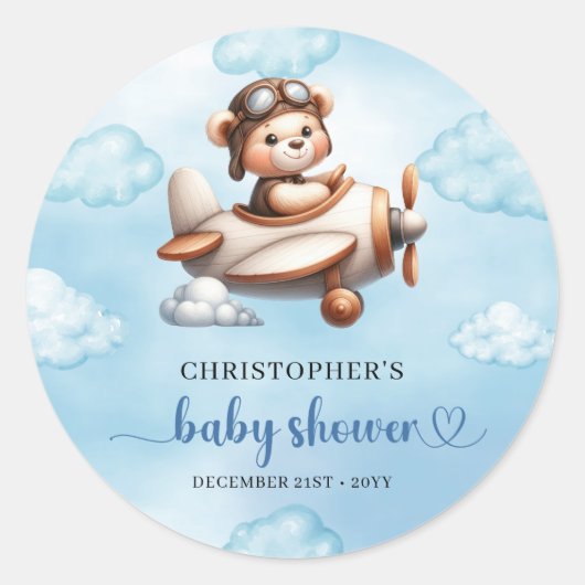 Stylish Teddy Bear Pilot Airplane Blue Brown Baby  Ronde Sticker (Voorkant)