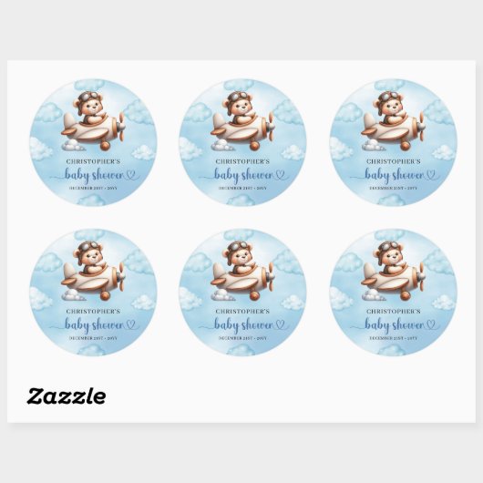 Stylish Teddy Bear Pilot Airplane Blue Brown Baby  Ronde Sticker (Vel)