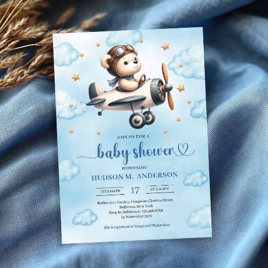 Stylish Teddy Bear Pilot Blue Gold Baby Shower Kaart