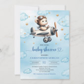 Stylish Teddy Bear Pilot Blue Gold Baby Shower Kaart (Voorkant)