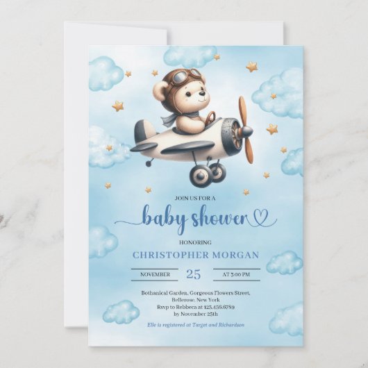 Stylish Teddy Bear Pilot Blue Gold Baby Shower Kaart (Voorkant)