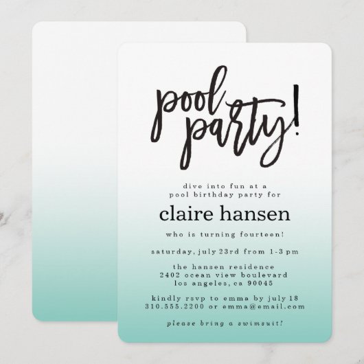 Stylish Teen Pool Party Birthday Invitation Kaart (Voorkant / Achterkant)