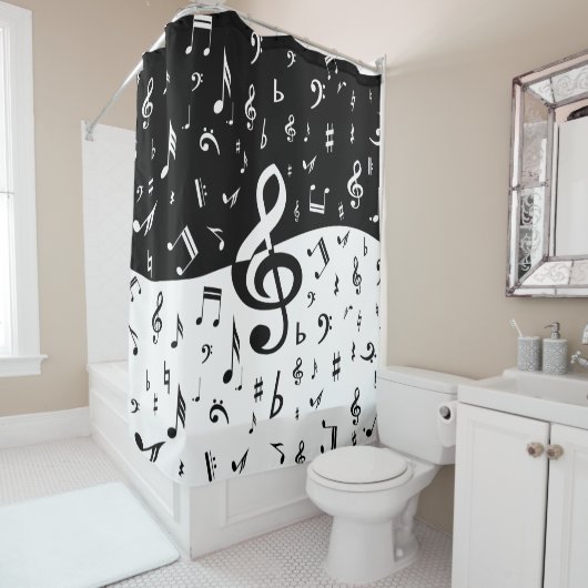 Stylish Treble Clef Wave Black and White Douchegordijn (In situ)