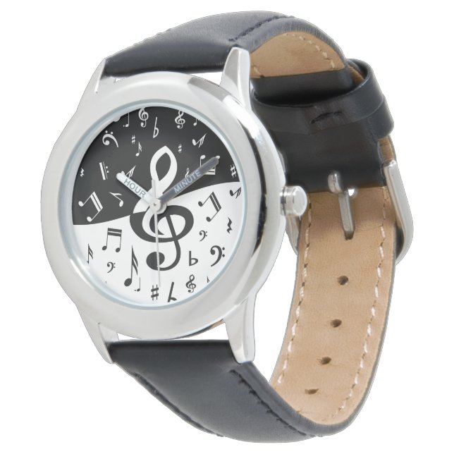 Stylish Treble Clef Wave Black and White Horloge (Gekanteld)