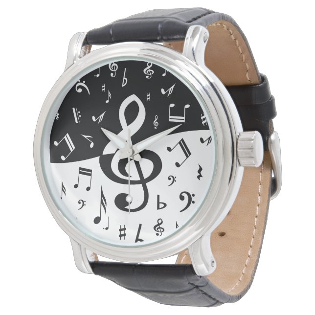 Stylish Treble Clef Wave Black and White Horloge (Gekanteld)