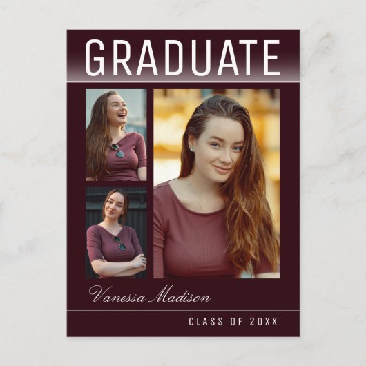 Stylish Trendy Chic 3 Photo Burgundy Afstuderen Briefkaart (Voorkant)