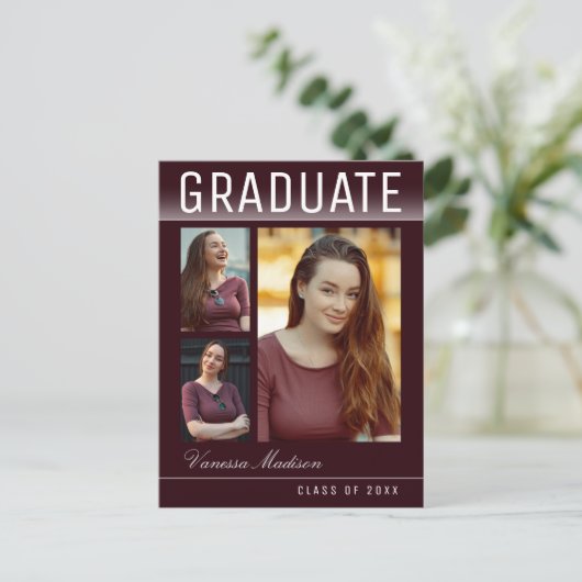 Stylish Trendy Chic 3 Photo Burgundy Afstuderen Briefkaart (Staand voorkant)