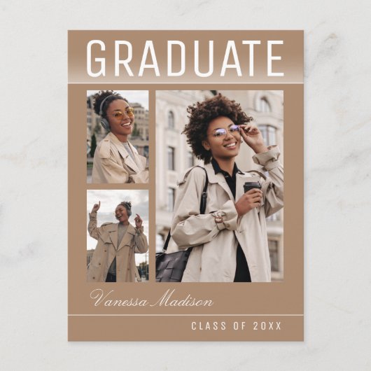 Stylish Trendy Chic 3 Photo Taupe Beige Afstuderen Briefkaart (Voorkant)