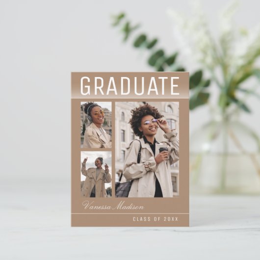 Stylish Trendy Chic 3 Photo Taupe Beige Afstuderen Briefkaart (Staand voorkant)