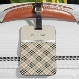 Stylish Trendy Travel Beige Plaid Monogram Bagagelabel