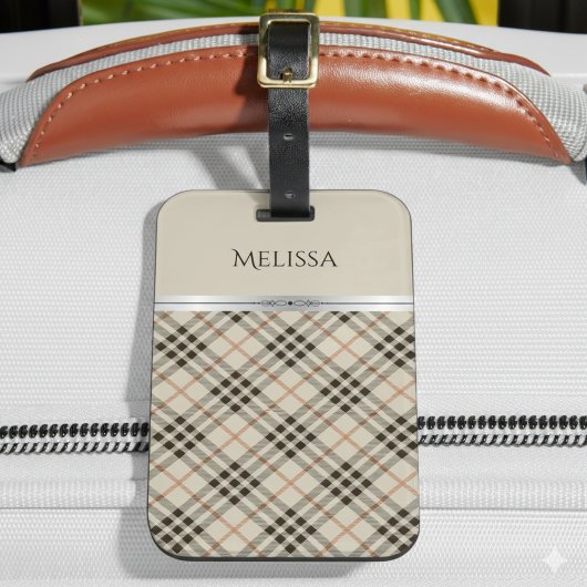 Stylish Trendy Travel Beige Plaid Monogram Bagagelabel