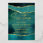 Stylish Turquoise Geoed Agate 16th Birthday Real Folie Uitnodiging (Voorkant)