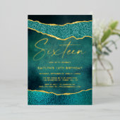 Stylish Turquoise Geoed Agate 16th Birthday Real Folie Uitnodiging (Staand Voorkant)