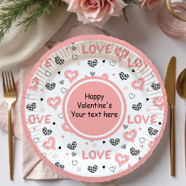 Stylish Valentine Pink Black Heart Art Paper Plate Papieren Bordje