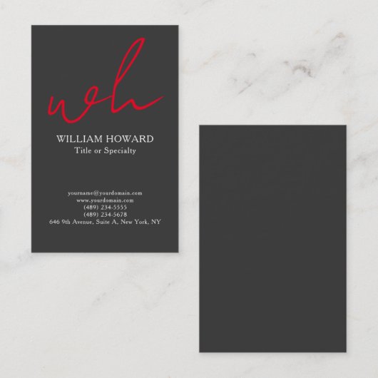 Stylish Vertical Modern Monogram Grey Red Visitekaartje (Voorkant / Achterkant)