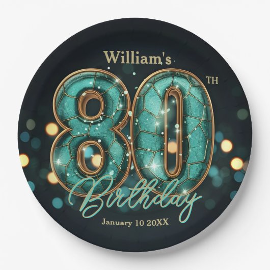 Stylish Vibrant Teal and Gold 80th Birthday Papieren Bordje (Voorkant)